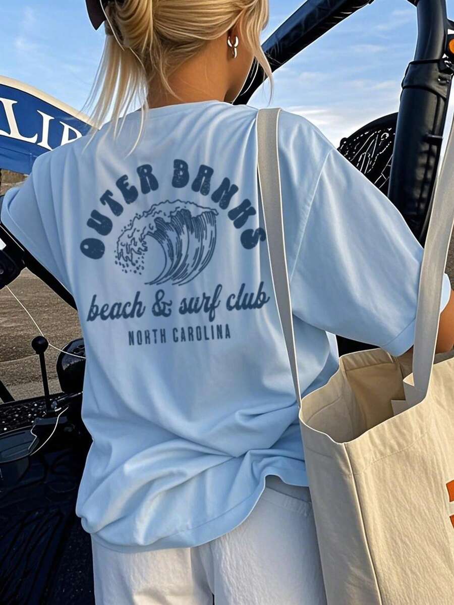 1 Áo thun tay ngắn cổ tròn họa tiết thường ngày cho bé gái, Quần áo mùa hè cho học sinh và thanh thiếu niên - Áo thun in hình sóng mang đến lựa chọn độc đáo cho những du khách đầy tham vọng - Màu xanh nhạt - Xem 1