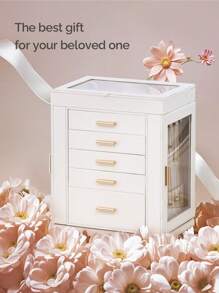 CASEGRACE 1pc Large Capacity Jewelry Box For Women, 360° Rotation PU Leather Jewelry Storage Case , 6 Tier 5 Drawers Clear Lid Jewelry Storage Organizer - Perfect For Rings, Earrings, Necklaces & Bracelets, Gift For Women, Girlssummer Storage Organizer Gift Back To School