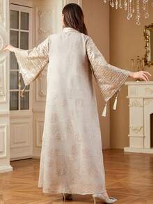 SISKAKIA 时尚端庄女装植物亮片阿拉伯连衣裙女士流苏派对节日优雅长裙 - 駝色 - 查看 4