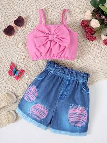 2 teiliges Sommeroutfit für Kleine Mädchen: Einfarbiges Trägerhemd und zerstörte Shorts mit Fake-Taschen - Pink - Übersicht 1