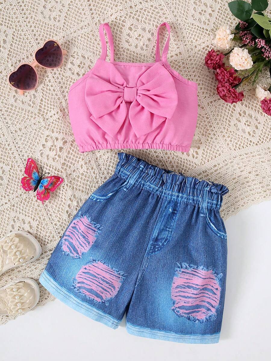 2 teiliges Sommeroutfit für Kleine Mädchen: Einfarbiges Trägerhemd und zerstörte Shorts mit Fake-Taschen - Pink - Übersicht 1