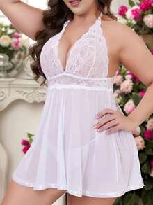 Women Plus Size Babydoll Sexy Lingerie Lace Chemise Mesh Sleepwear - White - View 3
