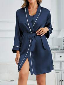 1pc Women's Solid Color Elegant Tied Robe, Lightweight, Sexy Short Bathrobe, Silk Satin Comfortable Sleepwear For Home Use, Fall - Navy Blue - View 4