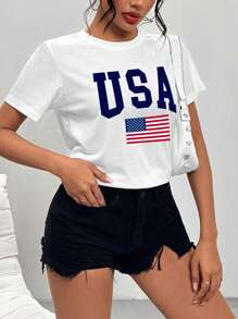 Damen lässiges Lässig Kurzarm einfaches T-Shirt mit Buchstaben- und USA-Flaggen-Muster-Druck - geeignet für den Sommer