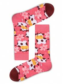 1 Pair Unisex Cute Magenta Cow Print Mid-Calf Socks, Couple Socks, All Season - Multicolor - View 5