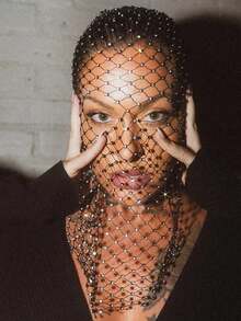 Elegant Black Fishnet Mask With Sparkling Rhinestones - Women's Elastic Cutout Design | Perfect For Nightclubs, Parties And Revelries Halloween - Black - View 10