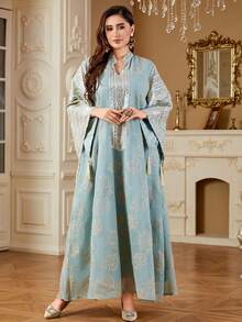 SISKAKIA 时尚端庄女装植物亮片阿拉伯连衣裙女士流苏派对节日优雅长裙 - 綠色 - 查看 5