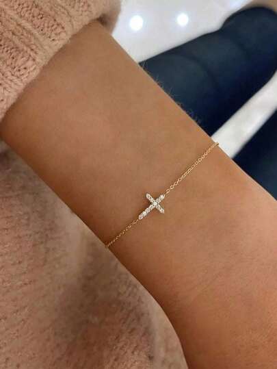 1pc Fashionable Crystal Cross Single Layer Bracelet For Women, Silver-Tone Bracelet