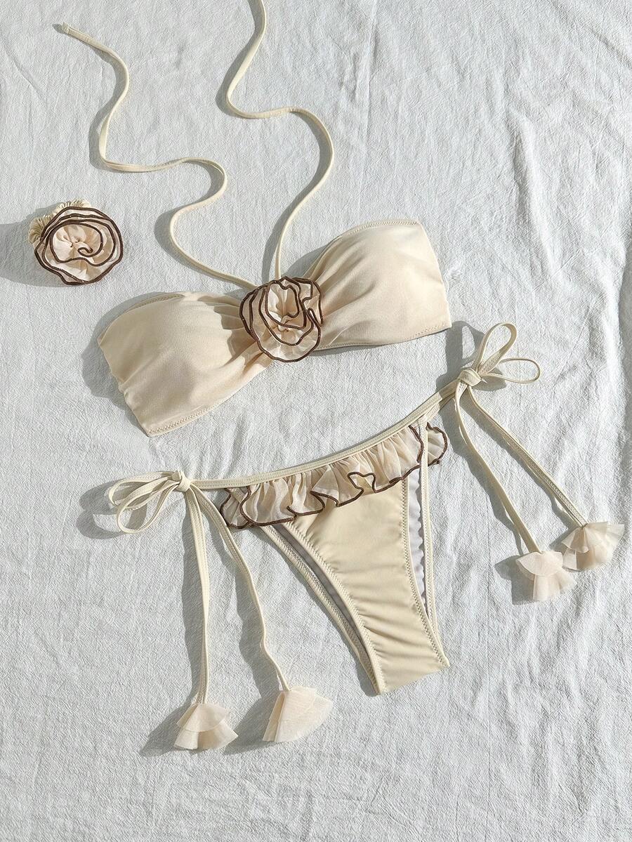 Tenues de plage pour femmes, vacances d'été, hauts de bikini bandeau sexy avec fleurs 3D en crochet mesh pour maillot de bain - Beige - Voir 1