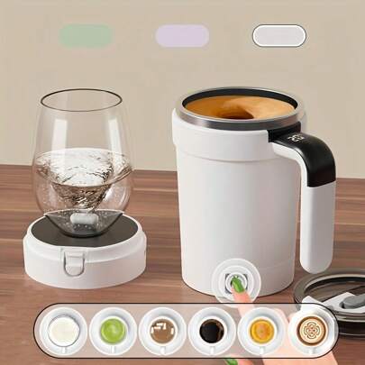 PANCERKA Auto Stirring Cup, Automatic Magnetic Self Stirring Coffee Cup With Temperature Display Function And Straw, Detachable Base, Suitable Variety Of Containers, Travel Tumbler Car Cup For Milk Chocolate Mocha, Creamy White