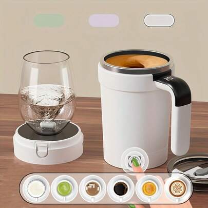 PANCERKA Automatisk omrörningskopp, automatisk magnetisk självomrörande kaffekopp med temperaturvisningsfunktion och sugrör, löstagbar bas, lämpliga olika behållare, reseglass bilkopp för mjölkchokladmocka, gräddvit