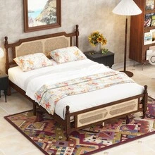 YOGLAD Queen Size Rattan Headboard Bed With Underbed Storage, Solid Pine Wood Platform Bed Frame, Modern Farmhouse Vintage Design, Spherical Bedposts, Sturdy Support & Easy Assembly, Room Decor Walnut - Walnut (Queen Size) - View 4