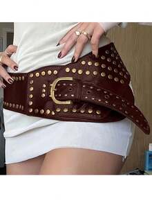 1pc Women's Black Punk Style Rivet Buckle PU Belt, Fashionable Street Wear Accessory Summer, School Fall, Autumn, Halloween - Brown - View 4