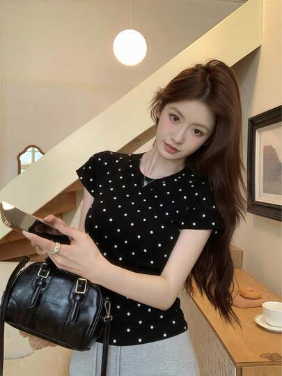 女式韩版圆领修身休闲短袖波点T恤，夏季
