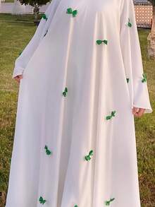 Bow Decor Round Neck Abaya Robe Eid Spring - Green - View 6