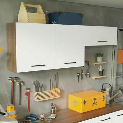  Kit gabinete superior almacenamiento garaje Madesa 200cm marrón y blanco organizador multiusos muebles casa taller diseño moderno