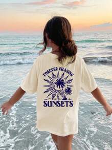 1pc Girls' Palm Tree Print Casual T-Shirt, Comfortable & Fashionable Summer Top For Young Students