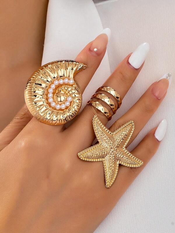 3 piezas Anillos abiertos múltiples con incrustaciones de perlas, con forma de estrella de mar, forma concha, minimalista de moda, adecuado para que las mujeres se pongan de vacaciones, playa y cualquier otra área en verano