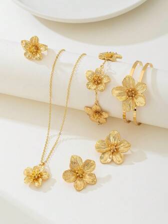 1 Set Women Jewelry Including 1 Necklace With Cute Floral Metal Pendant, 1 Pair Of Earrings, 1 Ring, 1 Bracelet And 1 Bangle