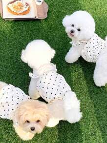1pc White Polka Dot Ruffled Pet Dog Dress, Summer Outfit For Dogs & Cats, Puppy Clothes