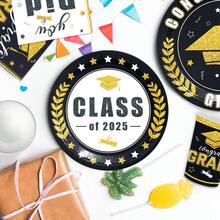Graduation Tableware Set Graduation Decorations Class Of 2025 Graduation Plates Cups And Napkins 2025 Tableware Set Graduation Supplies For College High School Graduation Party(Black And Gold) - Black Gold - View 4