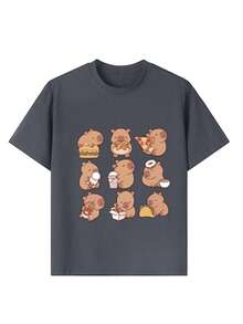 T-shirt col rond manches courtes avec imprimé graphique amusant, décontracté pour les préadolescentes, Top d'été - Gris foncé - Voir 3