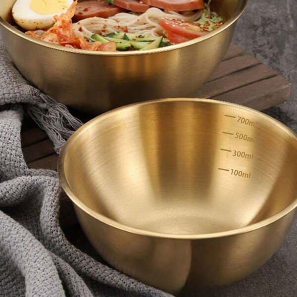 1pc/3pcs Stainless Steel Mixing Bowls Set With Measurement, Multi-Functional Kitchen Bowls For Salad, Fruit, Pasta, Easy To Clean, Holiday Theme, Outdoor Safe, Brushed Gold Metal Surface, Round - Size 6.29 Inch, 7.48 Inch, 8.66 Inch,School Supplies