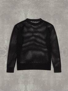 复古宽松休闲街头风格男士短袖镂空针织套头衫，男女通用圆领 - 黑色 - 查看 3