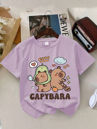 Young Girl's Cartoon Capybala Print Round Neck Short Sleeve Tee Spring And Summer Casual T Shirt For Young Girl