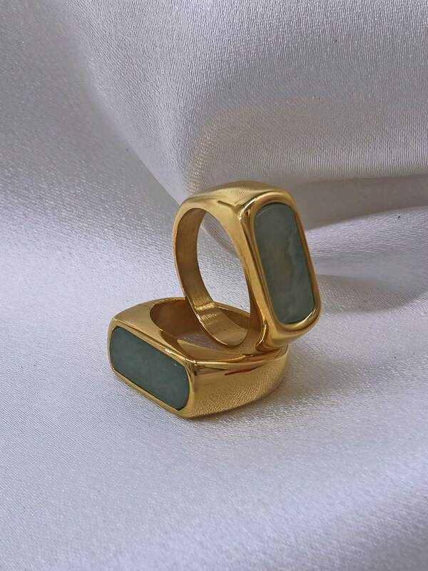 1pc Elegant Minimalist Fashion 18K Gold Plated Stainless Steel Faux Stone Ring, Couple Party Accessory