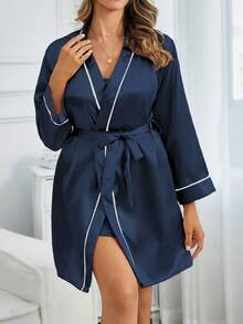 1pc Women's Solid Color Elegant Tied Robe, Lightweight, Sexy Short Bathrobe, Silk Satin Comfortable Sleepwear For Home Use, Fall - Navy Blue - View 6