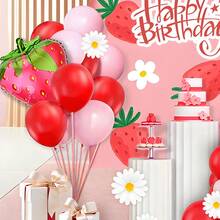 113pcs Sweet Strawberry Balloon Garland Set - Red And Pink With White Daisies And Strawberry Shaped Foil Balloons, Suitable For Birthday, Mother's Day Decor, Wedding, Anniversary, Graduation - Indoor/Outdoor Party Decorations