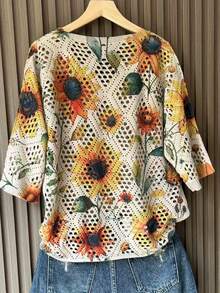 女士时尚花卉镂空设计针织毛衣 - 杏色 - 查看 2