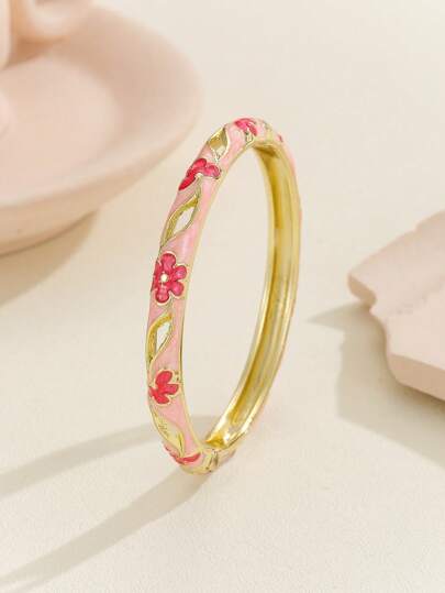 1pc Fashion New Style Gold Plated Flower Pattern Hollow Out Enamel Cloisonne Bracelet Bangle Jewelry For Girls And Women