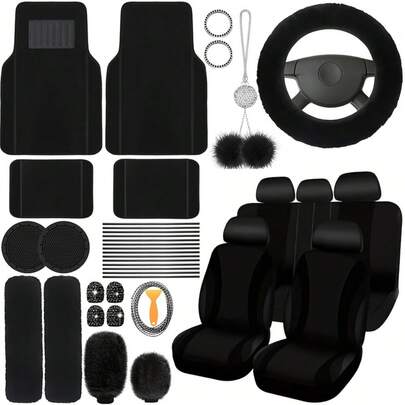 Luxurious Plush Car Interior Set - 49 Pieces, Seat Covers, Mats, Steering Wheel Cover, Shoulder Pads, Handbrake Cover, Gear Shift Cover And Hanging Cup Holder - Universal Fit For Most Cars, Trucks, SUVs - Ideal Vehicle Decoration
