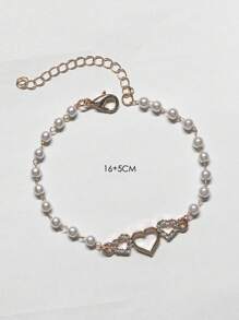1pc Fashionable High-End Elegant Metal Heart Crystal & Faux Pearl Chain Bracelet, Suitable For Women Everyday Wear, Great Gift For Thanksgiving, Valentine's Day, Friends