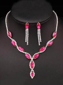 3 件套优雅粉红玫瑰金水钻项链耳环首饰套装，适合女性婚礼生日派对 - 玫紅色 - 查看 1
