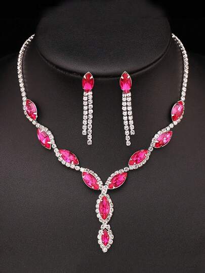 3 件套优雅粉红玫瑰金水钻项链耳环首饰套装，适合女性婚礼生日派对