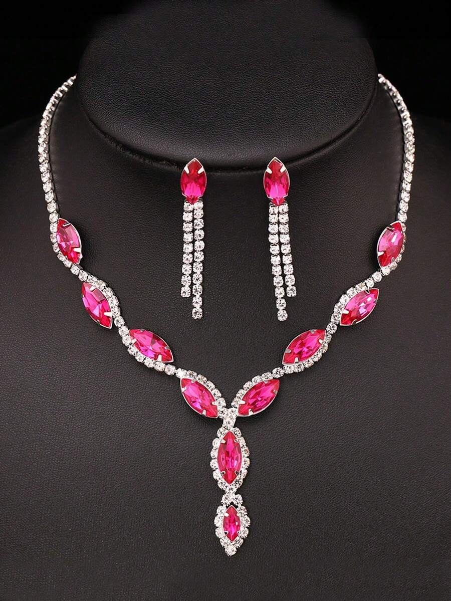 3 件套优雅粉红玫瑰金水钻项链耳环首饰套装，适合女性婚礼生日派对 - 玫紅色 - 查看 1