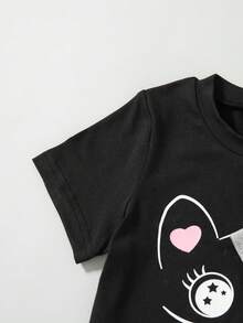 3pcs/Set Girls Cartoon Cat Print Solid Color Round Neck Short Sleeve Top And Shorts Set - Grey - View 10