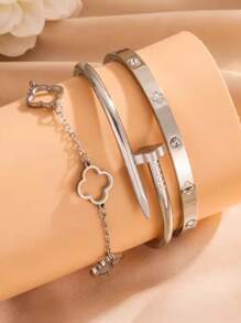 1 Set 3pcs Stainless Steel Minimalistic Floral Hollow Design Bangle Bracelets, Fashion Elegant Creative Personalized Gift For Women Daily Wear