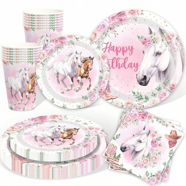 Horse Birthday Party Supplies Tableware Cowgirl Birthday Party Decorations, Horse Themed Party Paper Plates Cups And Napkins Sets, Western Paper Dinnerware