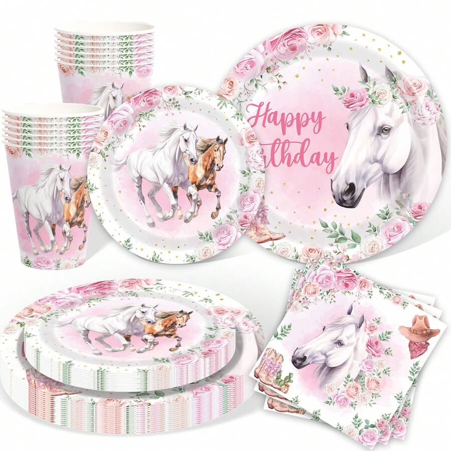 Horse Birthday Party Supplies Tableware Cowgirl Birthday Party Decorations, Horse Themed Party Paper Plates Cups And Napkins Sets, Western Paper Dinnerware