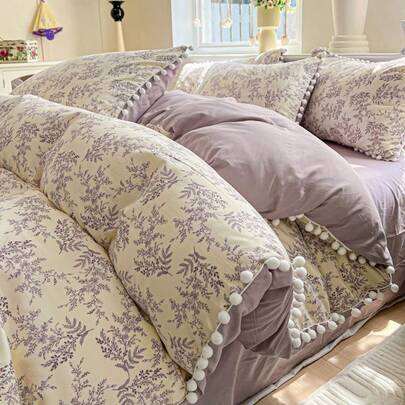 4 件套绣球花纹理皱纹床上用品套装，带流苏，简约碎花和樱桃图案，柔软透气，适用于全尺寸/大号/单人床，包括 1 个羽绒被套 + 1 个床单 + 2 个枕套，数码印花，可机洗