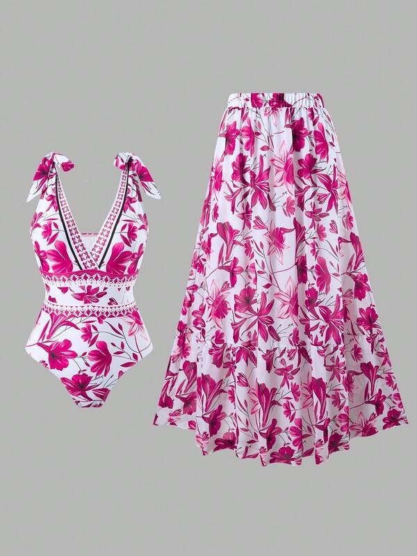 2024 New European & American Cross-Border Women One-Piece Swimsuit With Skirt, Fashionable, Slimming, Sexy Swimwear