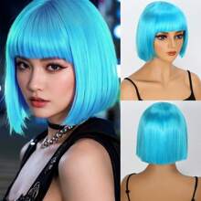 Blue Wig, Short Bob Wig With Bangs, Basic Style, Suitable For Cosplay Wear