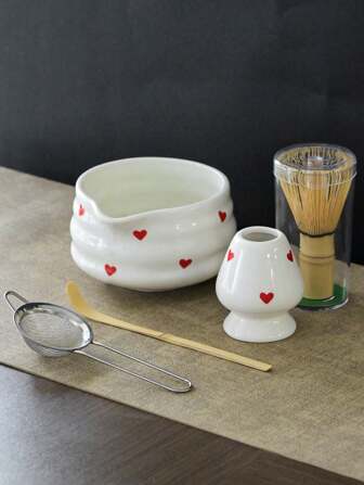 1件/2件/4件/5件手绘心形抹茶茶具套装，可爱抹茶碗，茶筅，茶匙，全套抹茶茶具，适合抹茶初学者，抹茶爱好者的礼物，返校生日礼物