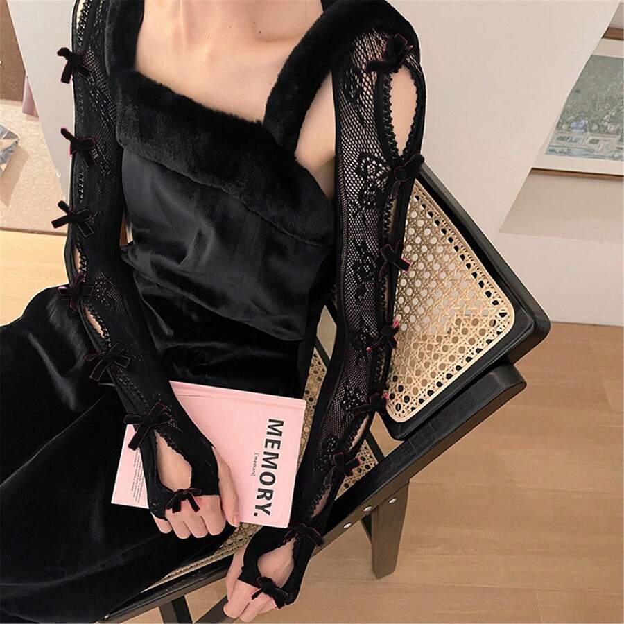Women Lace Bolero Shrug Tops With Velvet Bows Hollow Out Shrug Open Front Cropped Cardigan Bolero Fishnet Shawl Arm Sleeves With Finger Holes Costume Accessories - màu đen - Xem 1