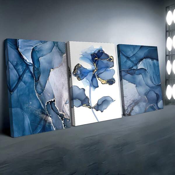 3pcs Canvas Paintings And Posters, Modern Blue Floral Abstract Art Decoration, Home Decor, Wall Art, Room Decoration, High-Definition Printing, Ideal Gift, Living Room, Bedroom, Dining Room, Office Decorative Artwork