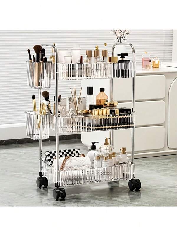 1 Stück 2/3/4-stufiger rollender Acryl Make-up Organizer mit Rollen - Mehrzweck Kosmetikaufbewahrung für Badezimmer und Wohnzimmer, transparentes Design für einfache Sichtbarkeit, tragbarer Make-up Wagen | Moderner Organizer | Mehrstöckiger Wagen, Schminktisch